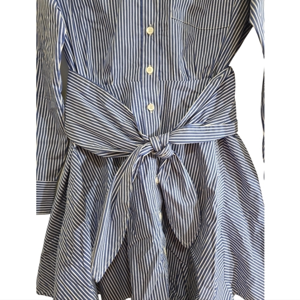 Lini Blue White Striped Shirt Dress Small Button Front Tie Waist Circle Skirt - Picture 4 of 10